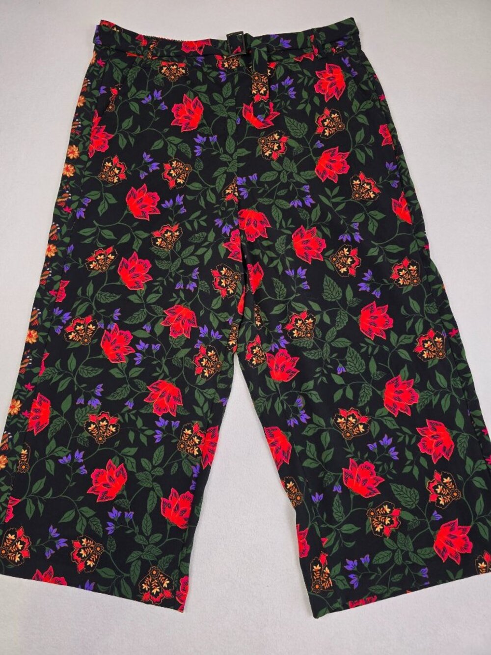 Joie Womens XL Floral Print Wide Leg Belted Pants Black/Red